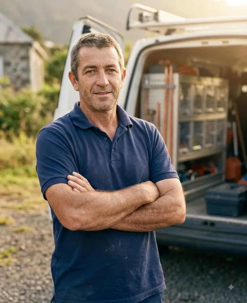 Artisan plombier de Plomberie Durand devant son fourgon