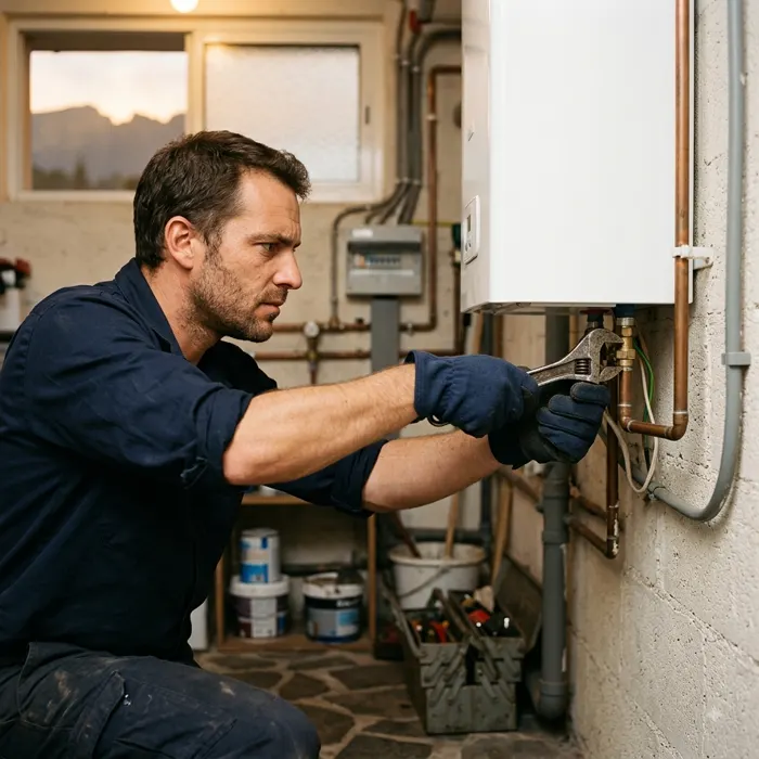Technicien installant un chauffe-eau mural