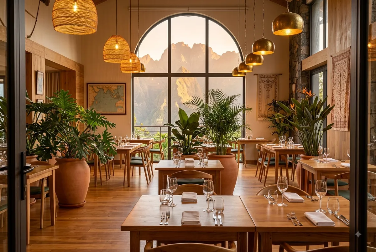 Salle du restaurant Ti Kaz Gourmande, vue sur les montagnes