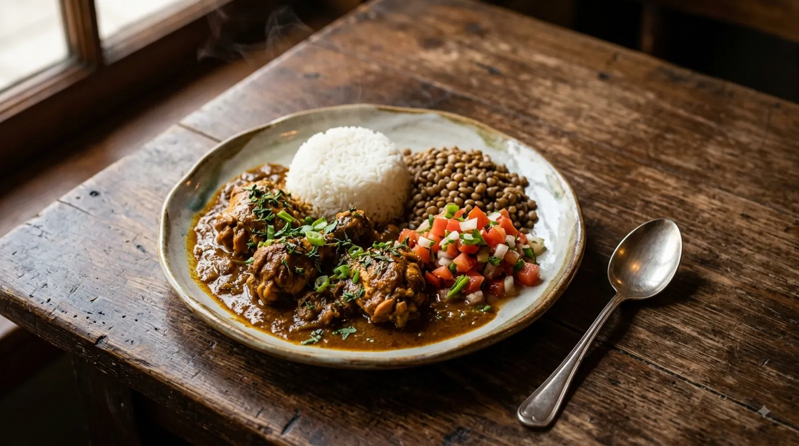 Cari poulet péi servi sur une table en bois, cuisine créole