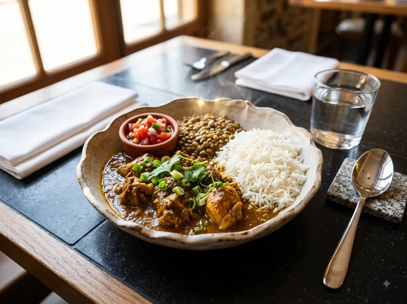 Cari poulet péi avec riz, grains et rougail tomate