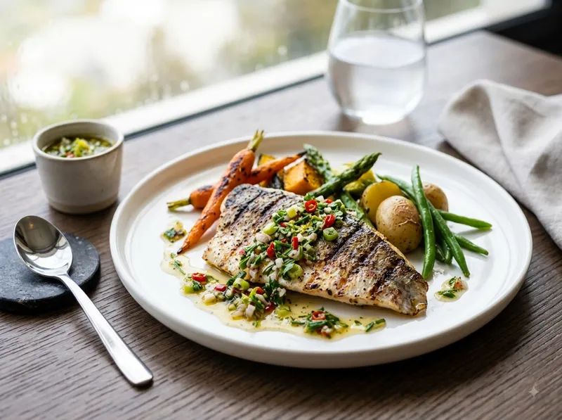 Poisson grillé, sauce chien et légumes de saison