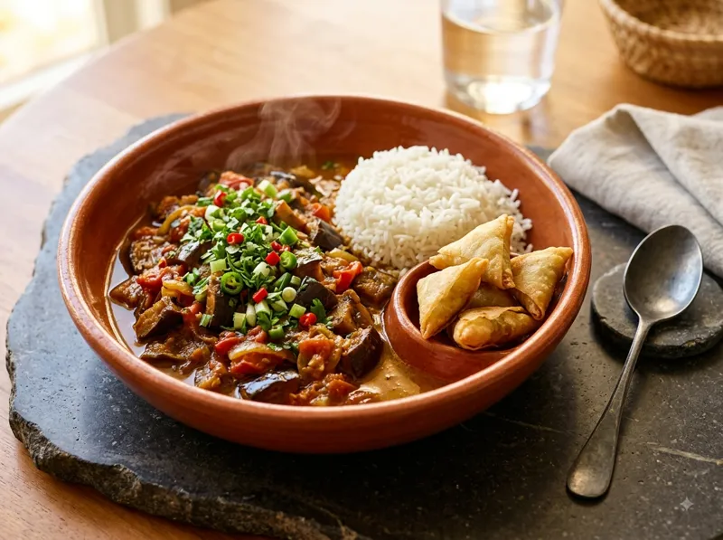 Rougail bringelles avec riz et samoussas