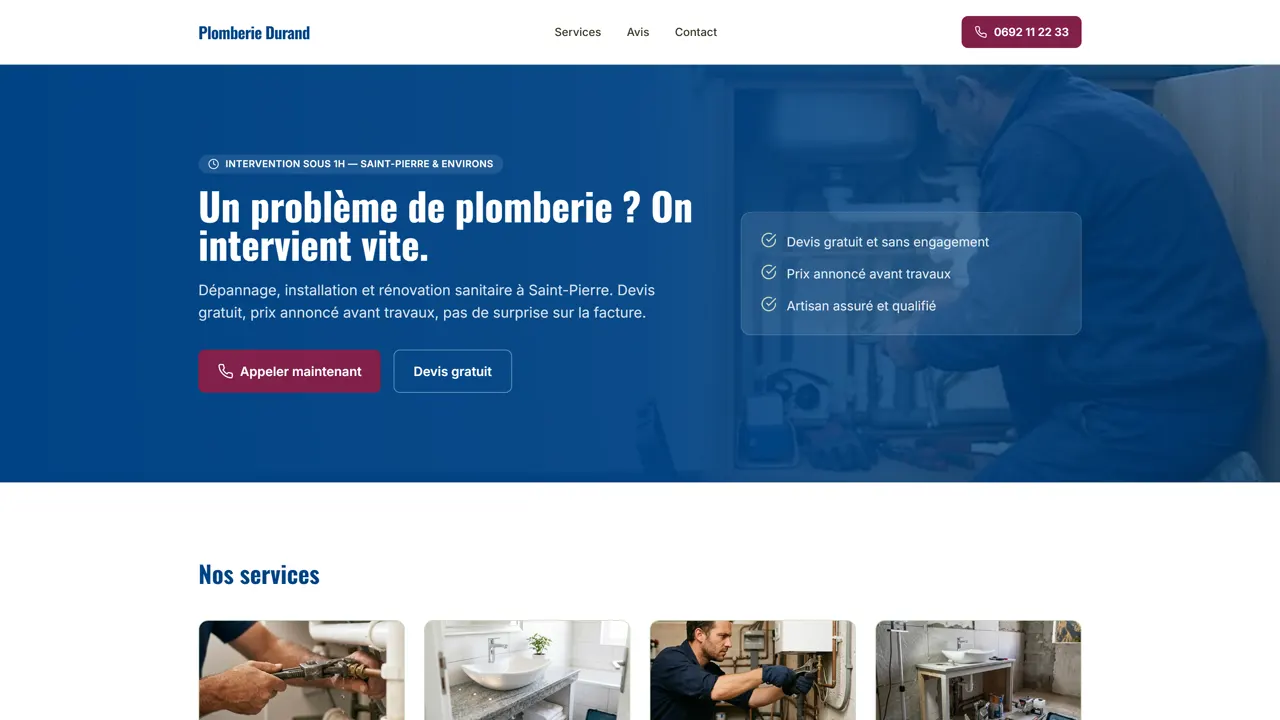 Page d'accueil de la démo Plomberie Durand : accroche, CTA d'appel et devis gratuit