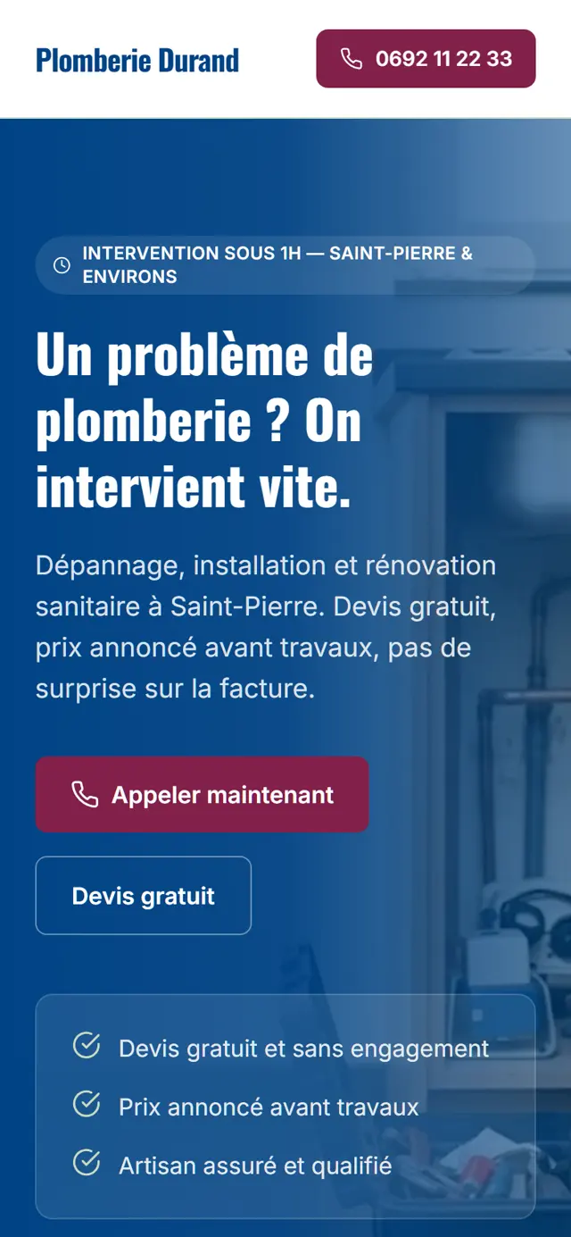 Vue mobile de la démo Plomberie Durand