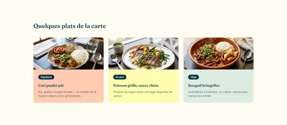 Carte des plats de la démo Ti Kaz Gourmande, avec photos culinaires