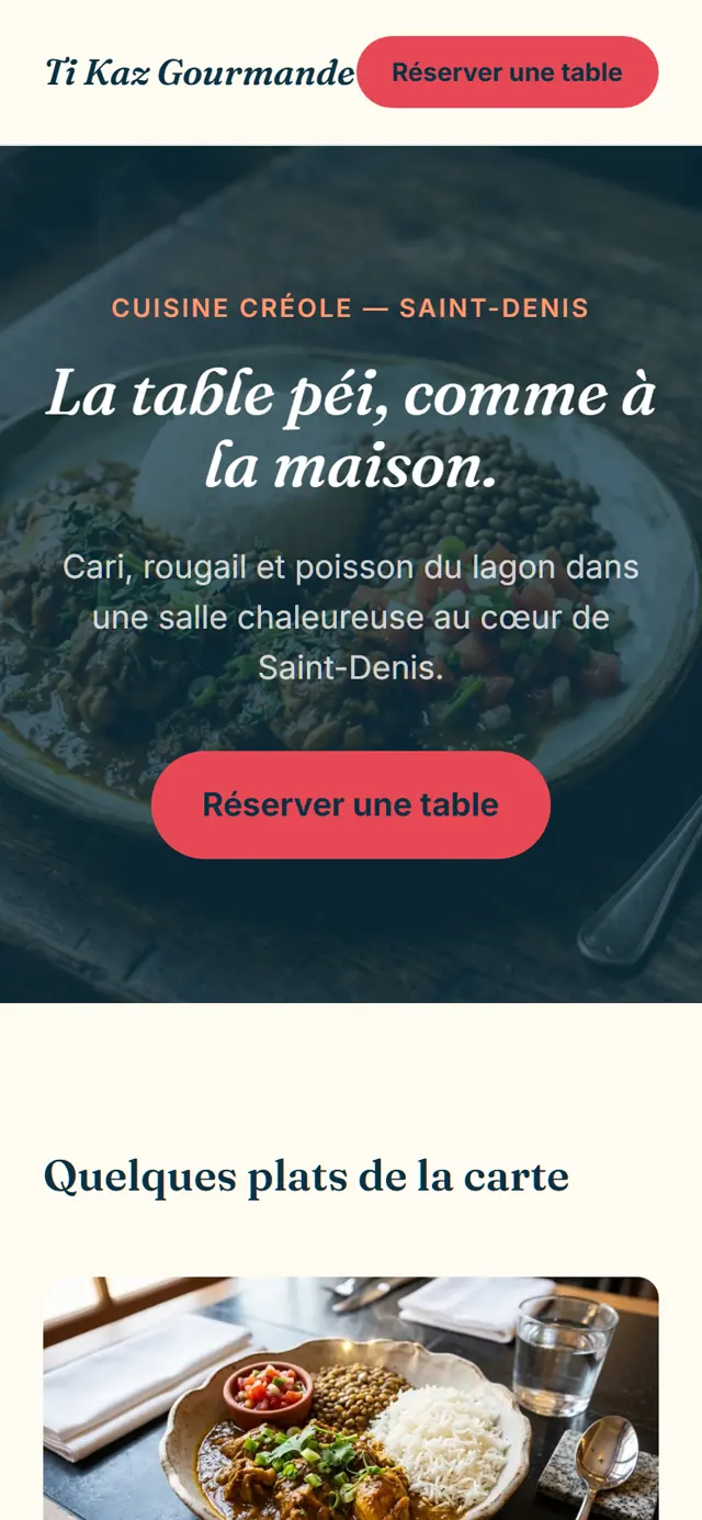 Vue mobile de la démo Ti Kaz Gourmande